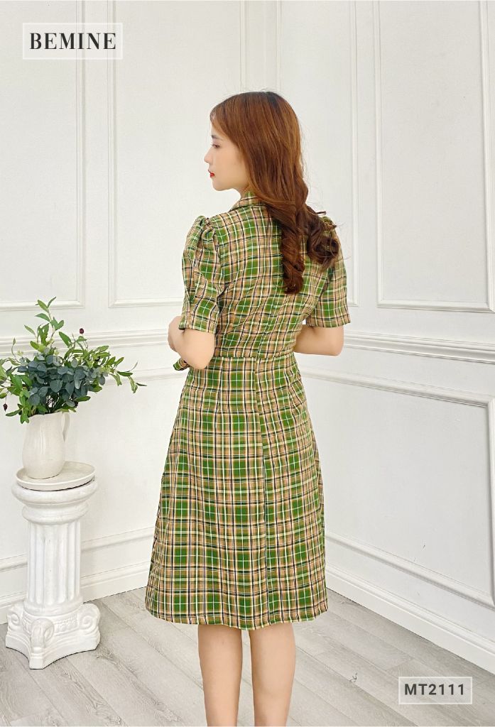 MT2111XANHLA - Đầm caro cổ vest cột nơ eo
