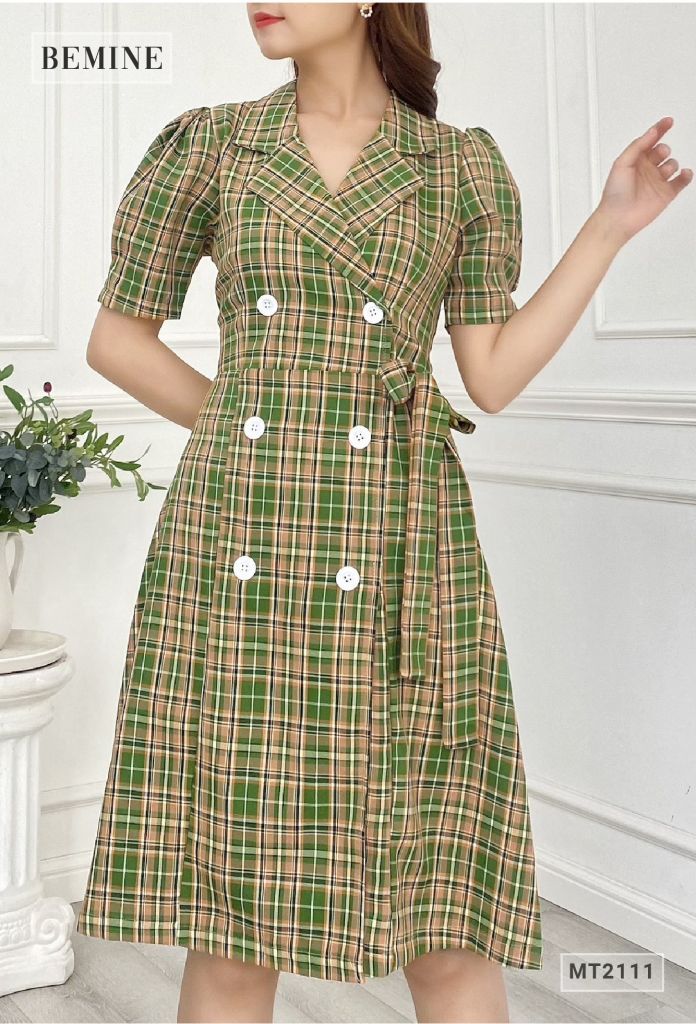 MT2111XANHLA - Đầm caro cổ vest cột nơ eo