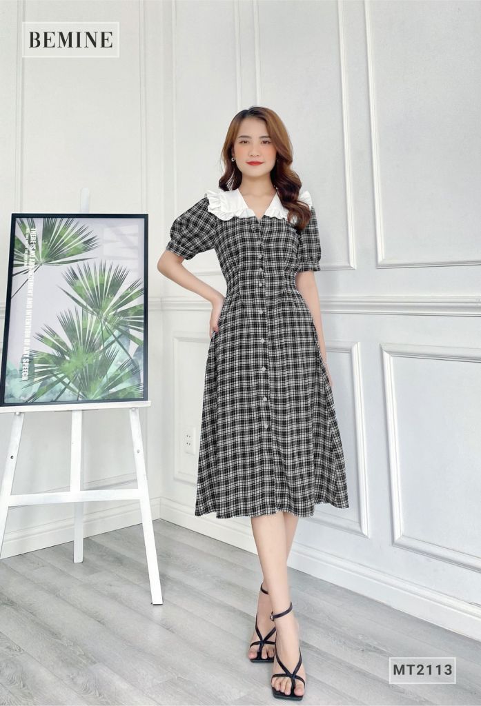MT2113ĐEN - Đầm caro sơ mi bèo vai