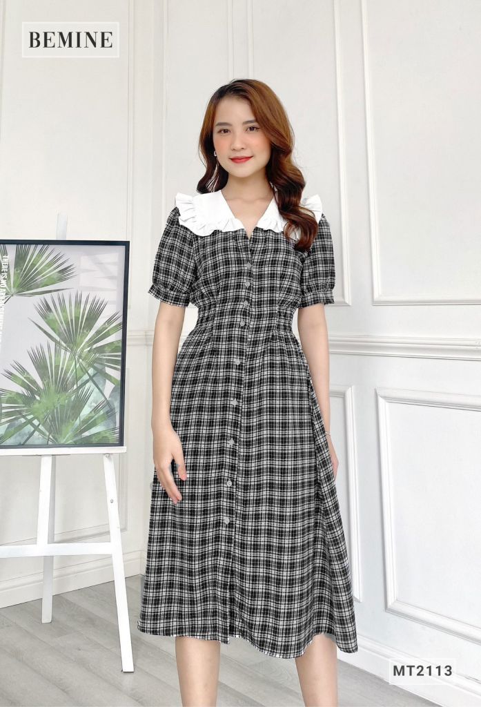MT2113ĐEN - Đầm caro sơ mi bèo vai