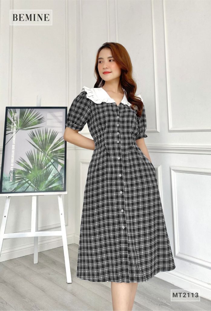 MT2113ĐEN - Đầm caro sơ mi bèo vai
