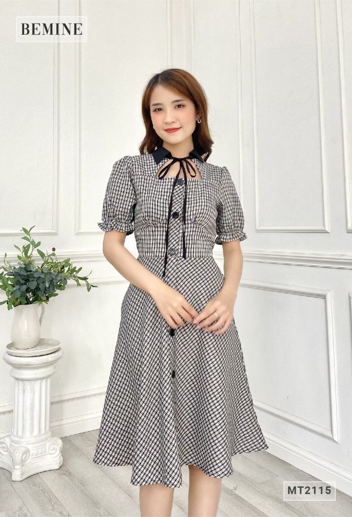 MT2115ĐEN - Đầm caro cổ thắt nơ
