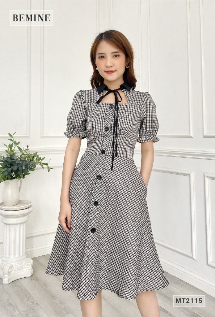 MT2115ĐEN - Đầm caro cổ thắt nơ