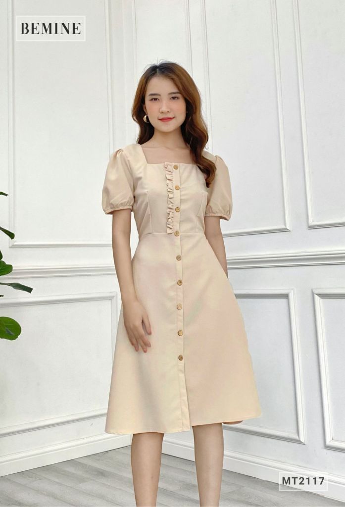 MT2117DA - Đầm suôn cổ vuông đính nút