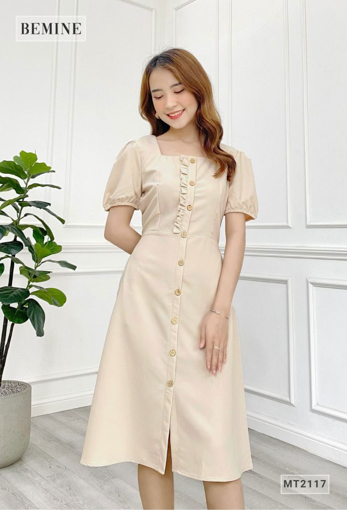 MT2117DA - Đầm suôn cổ vuông đính nút