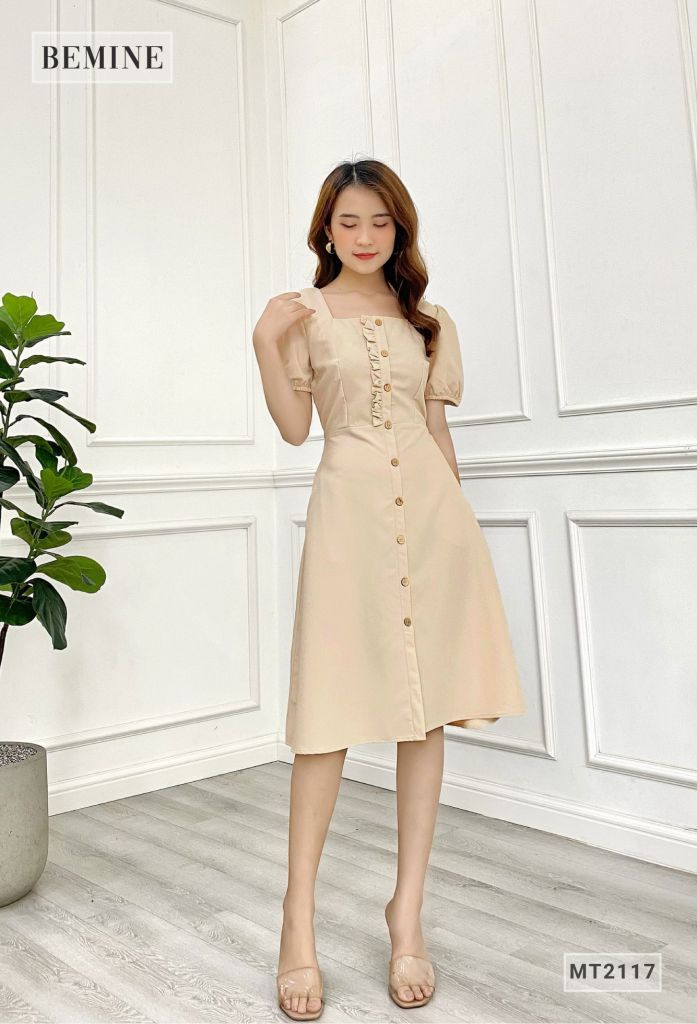 MT2117DA - Đầm suôn cổ vuông đính nút