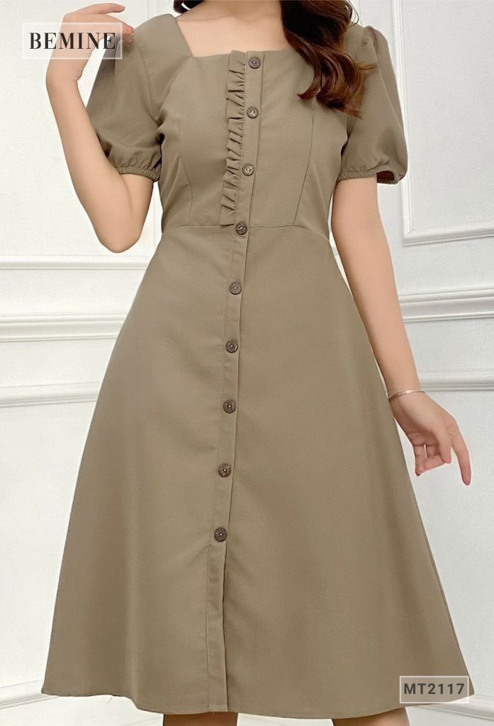 MT2117NAU - Đầm suôn cổ vuông đính nút