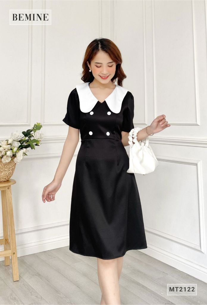 MT2122ĐEN - Đầm chữ A đính nút cổ phối