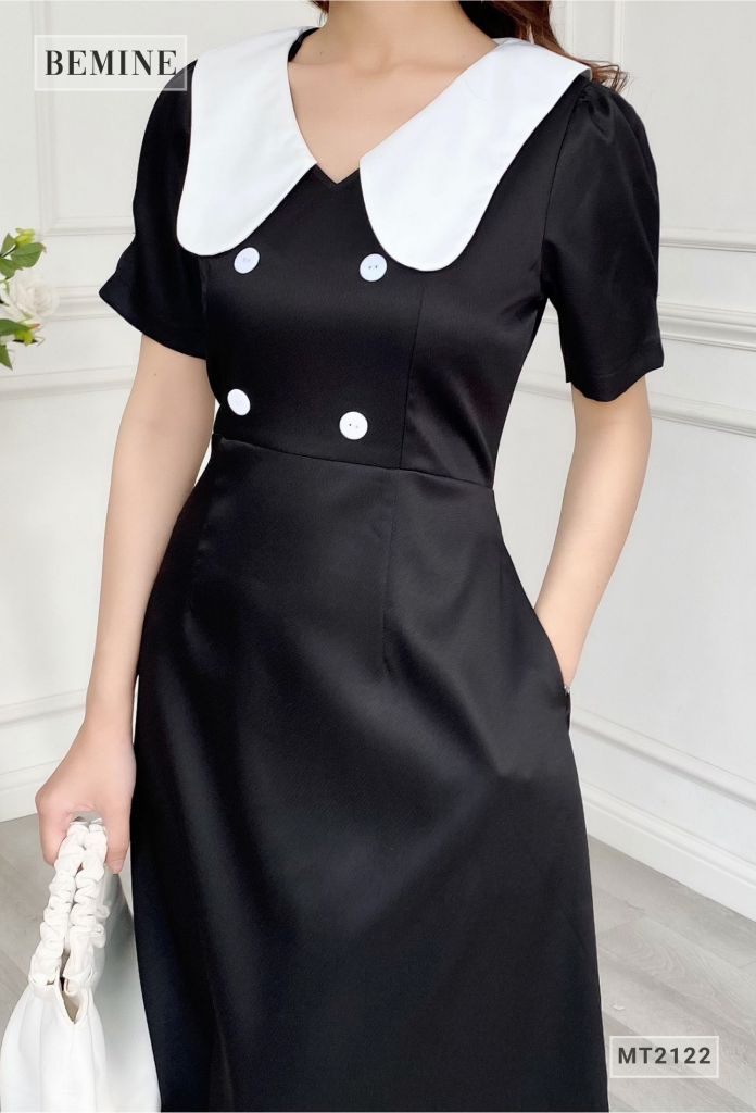 MT2122ĐEN - Đầm chữ A đính nút cổ phối