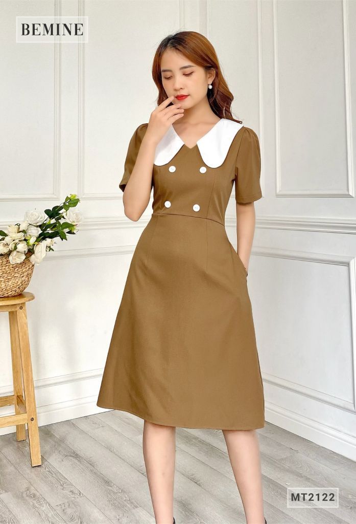 MT2122NAU - Đầm chữ A đính nút cổ phối