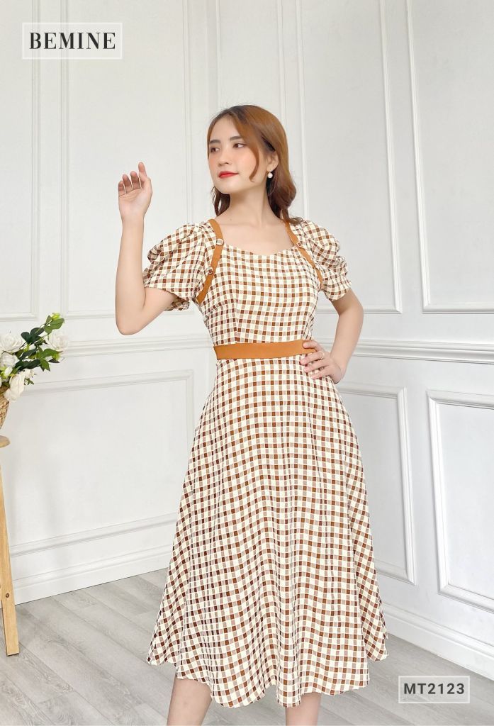 MT2123NAU - Đầm xòe tay búp tầng phối đai eo