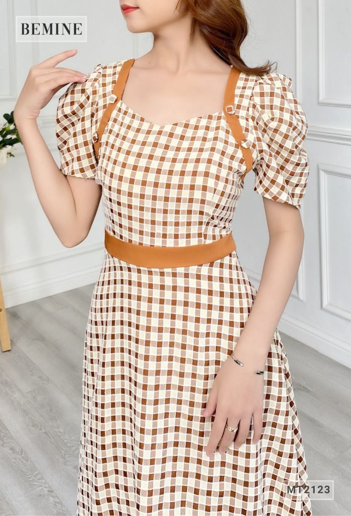 MT2123NAU - Đầm xòe tay búp tầng phối đai eo