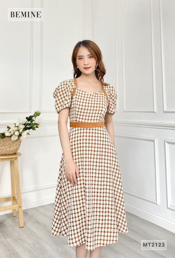 MT2123NAU - Đầm xòe tay búp tầng phối đai eo