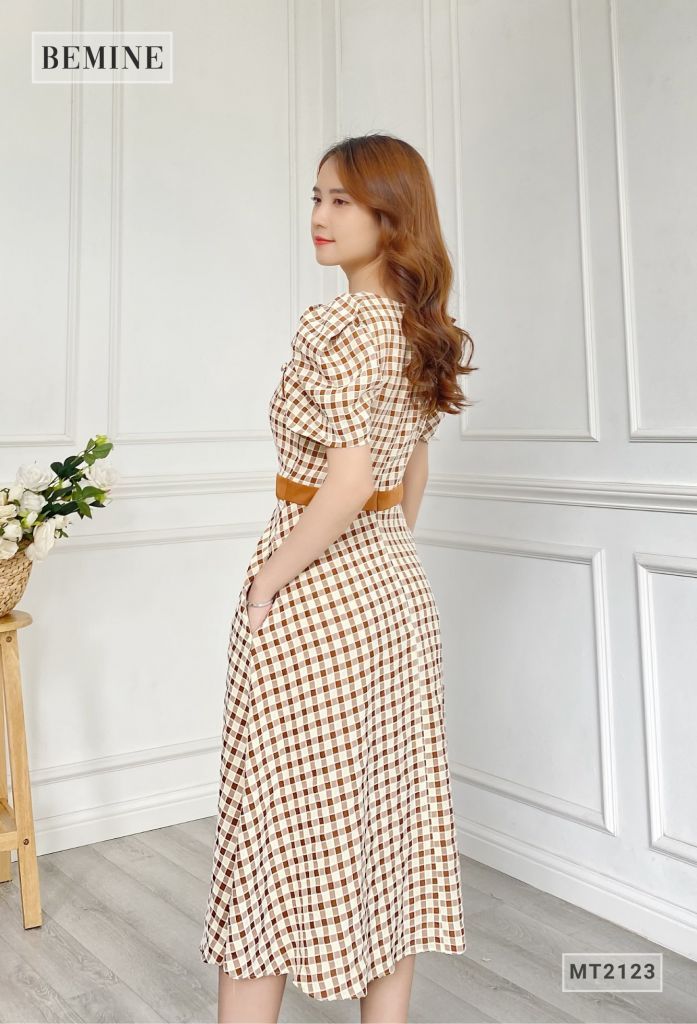 MT2123NAU - Đầm xòe tay búp tầng phối đai eo