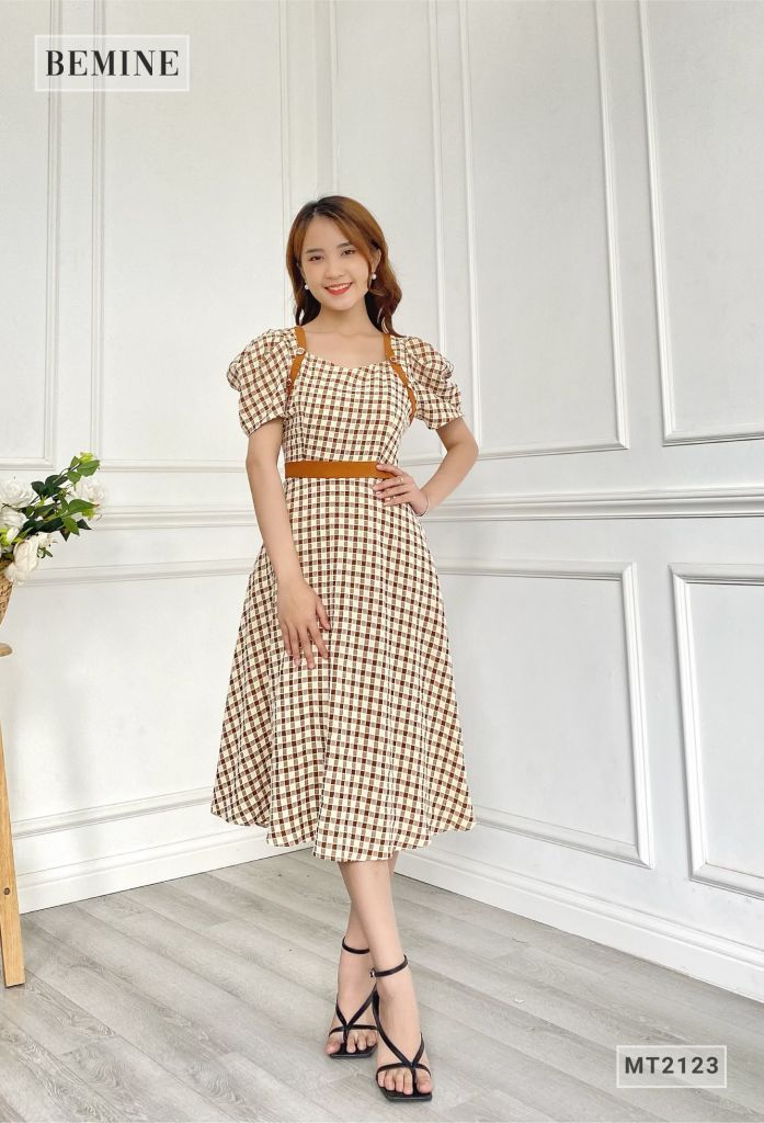 MT2123NAU - Đầm xòe tay búp tầng phối đai eo