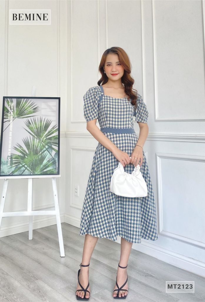 MT2123XANH - Đầm xòe tay búp tầng phối đai eo