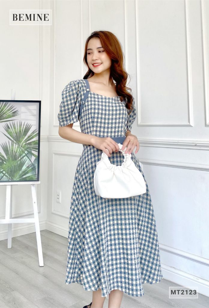 MT2123XANH - Đầm xòe tay búp tầng phối đai eo