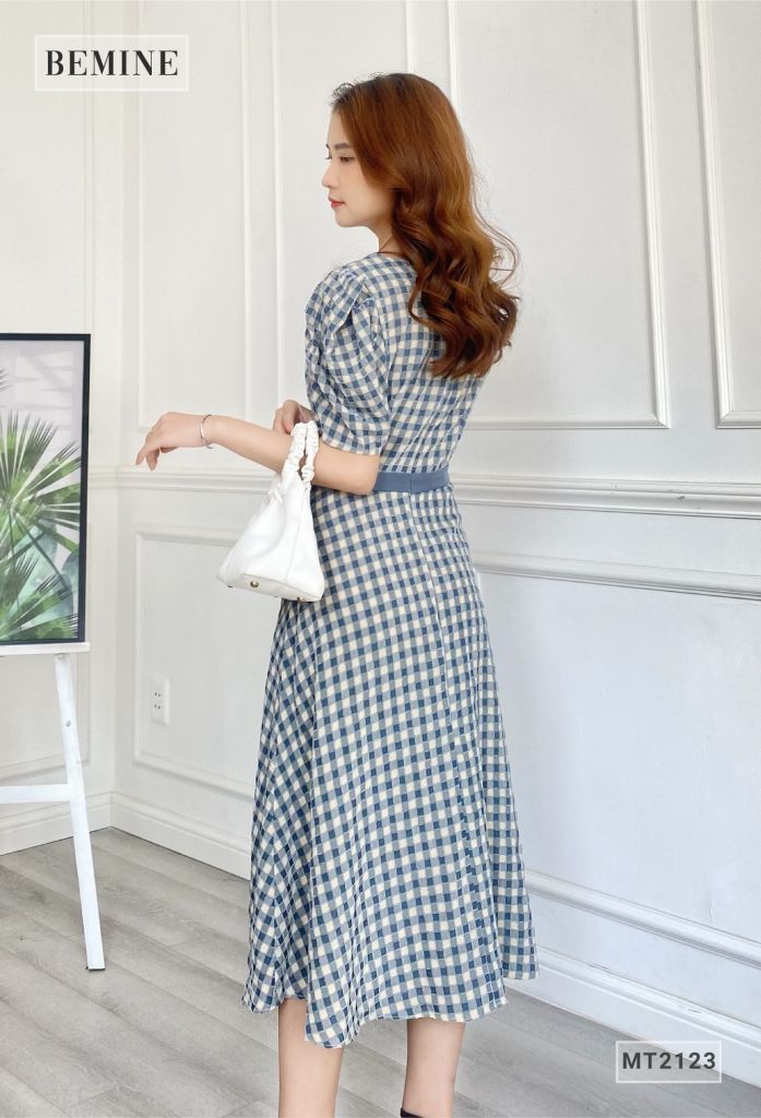 MT2123XANH - Đầm xòe tay búp tầng phối đai eo