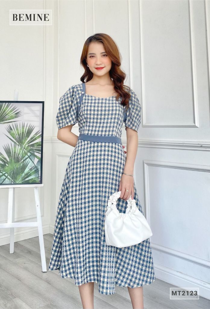 MT2123XANH - Đầm xòe tay búp tầng phối đai eo