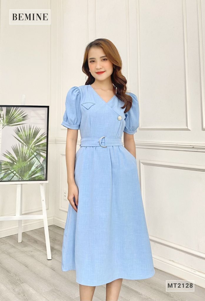 MT2128XANH - Đầm kiểu cổ chéo thắt đai eo