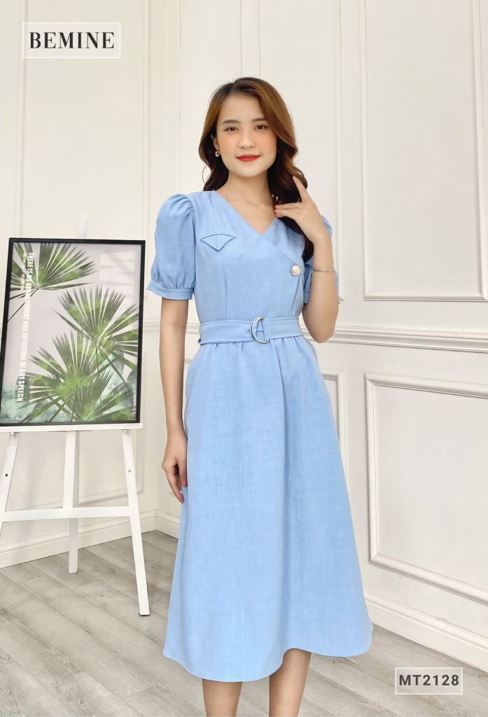 MT2128XANH - Đầm kiểu cổ chéo thắt đai eo