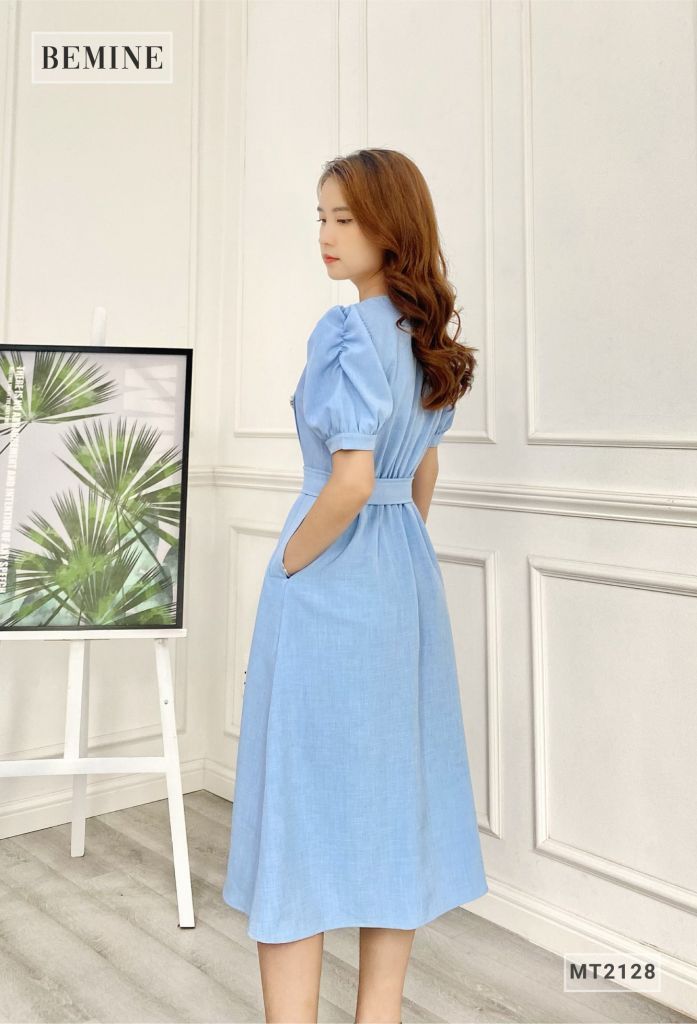 MT2128XANH - Đầm kiểu cổ chéo thắt đai eo