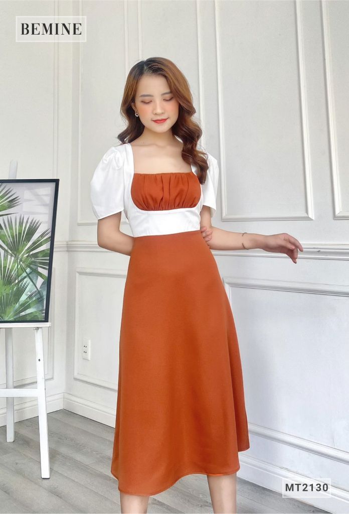 MT2130CAM - Đầm xòe nhún ngực phối trắng