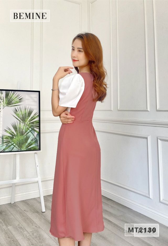 MT2130HONG - Đầm xòe nhún ngực phối trắng