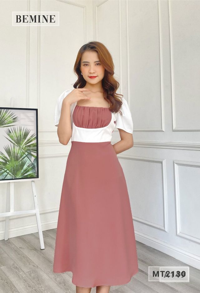MT2130HONG - Đầm xòe nhún ngực phối trắng