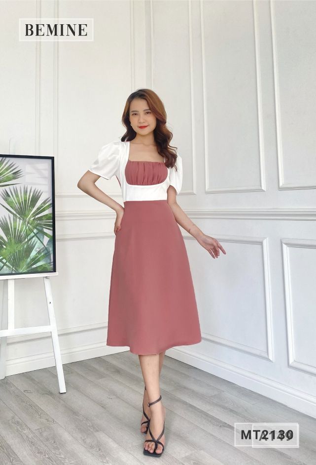MT2130HONG - Đầm xòe nhún ngực phối trắng