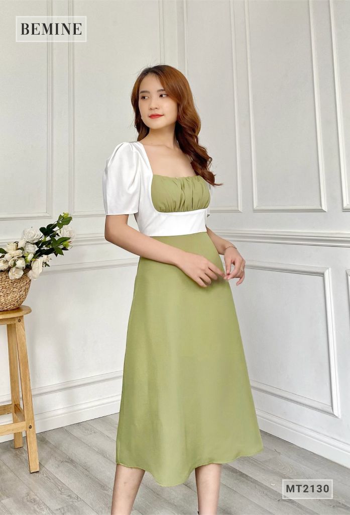 MT2130XANH - Đầm xòe nhún ngực phối trắng