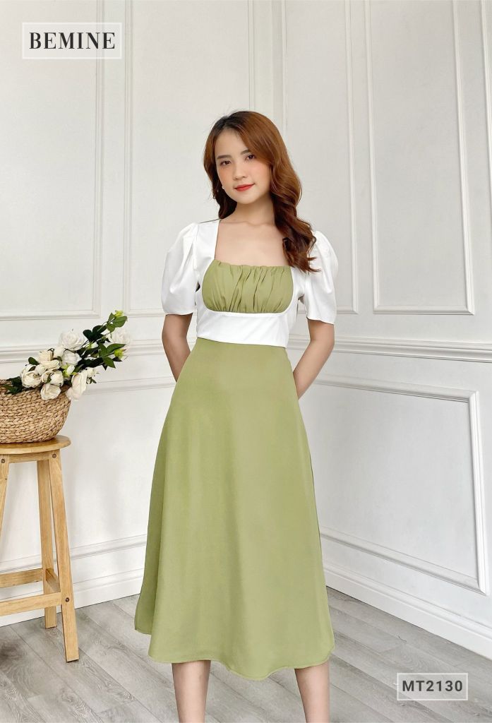 MT2130XANH - Đầm xòe nhún ngực phối trắng