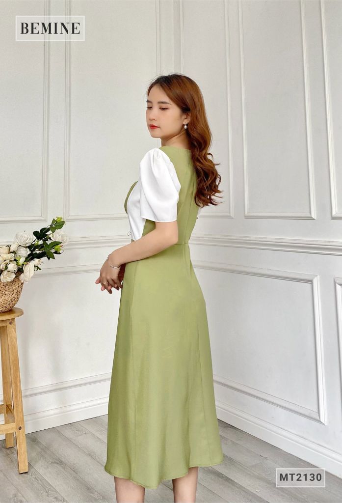 MT2130XANH - Đầm xòe nhún ngực phối trắng