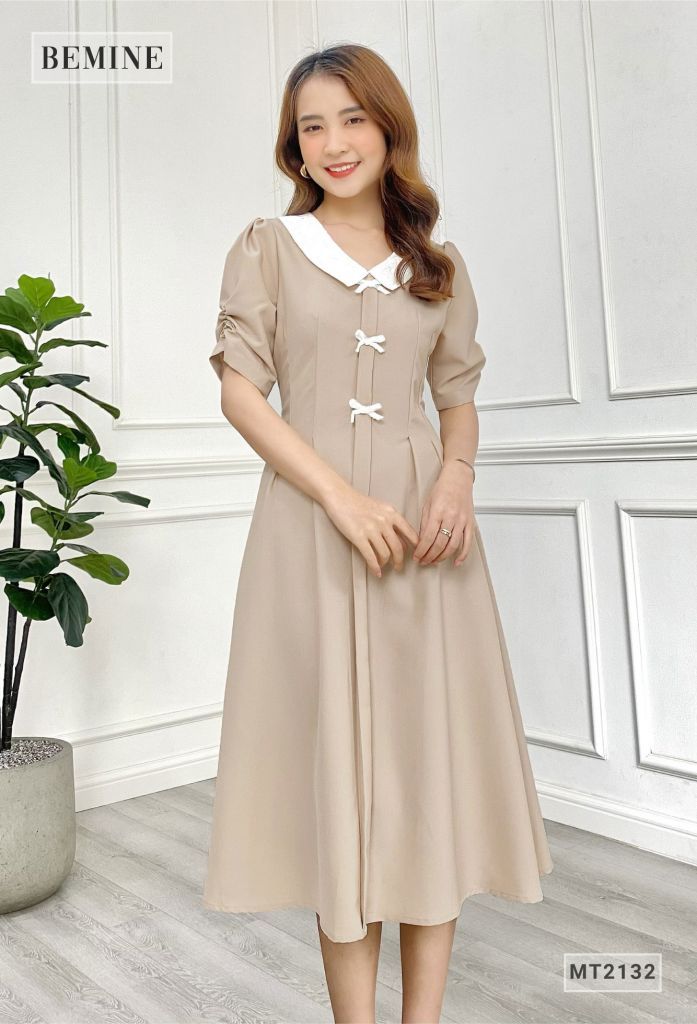 MT2132DA - Đầm xòe phối cổ nơ ngực