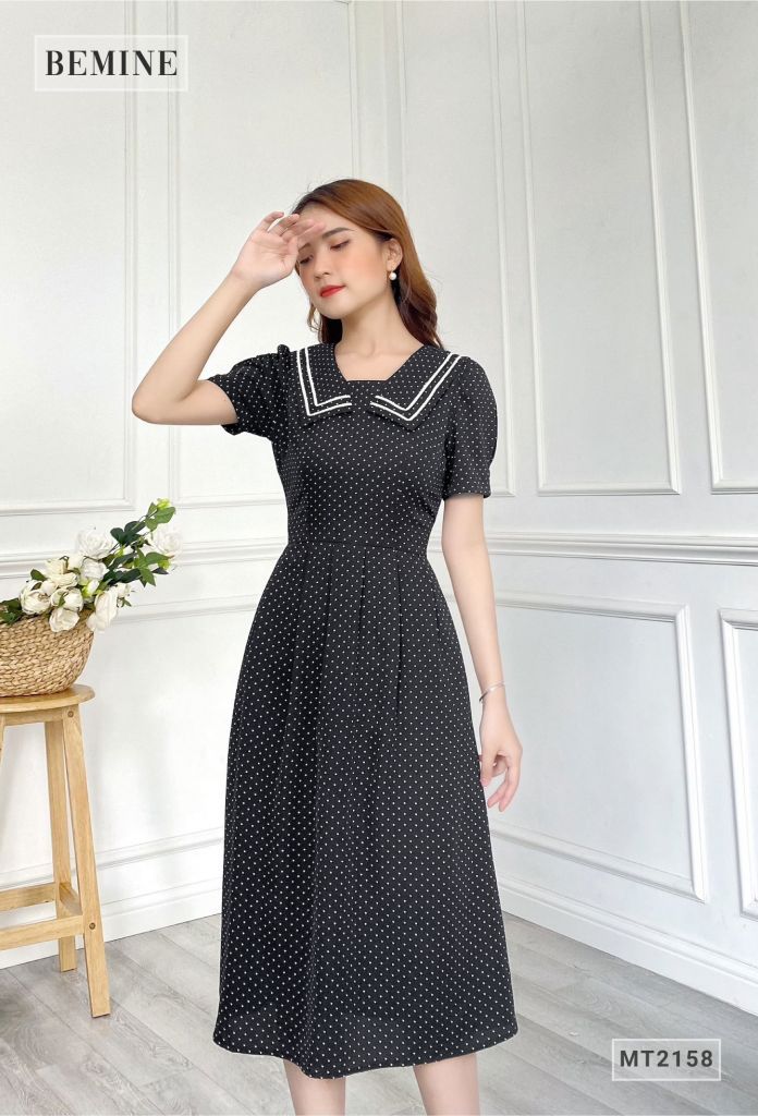 MT2158DEN - Đầm xòe chấm bi cổ thủy thủ