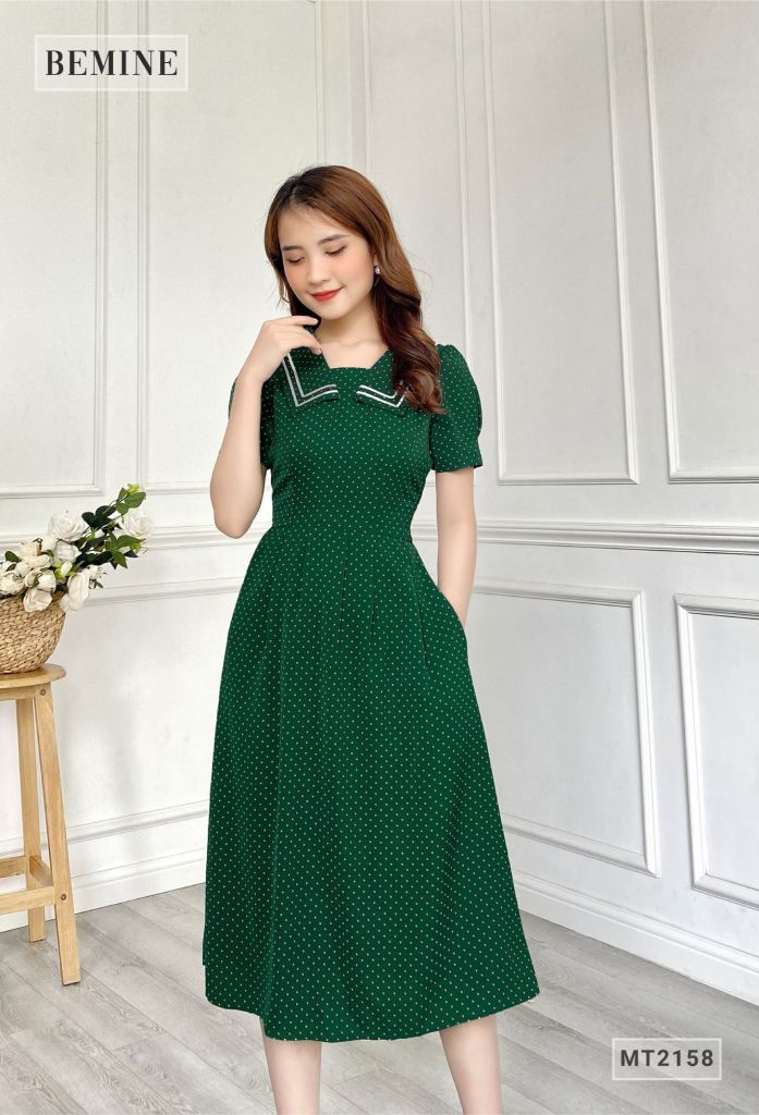 MT2158XANHLA - Đầm xòe chấm bi cổ thủy thủ