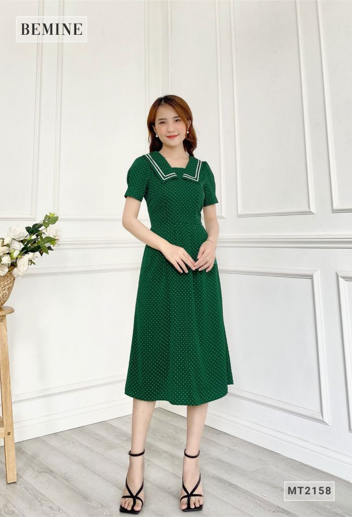 MT2158XANHLA - Đầm xòe chấm bi cổ thủy thủ