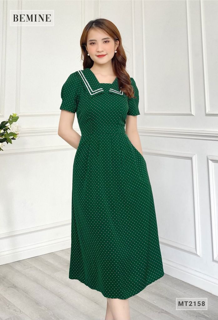 MT2158XANHLA - Đầm xòe chấm bi cổ thủy thủ