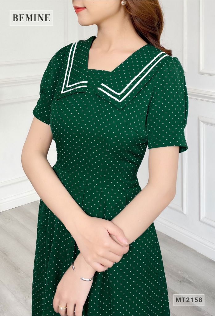 MT2158XANHLA - Đầm xòe chấm bi cổ thủy thủ