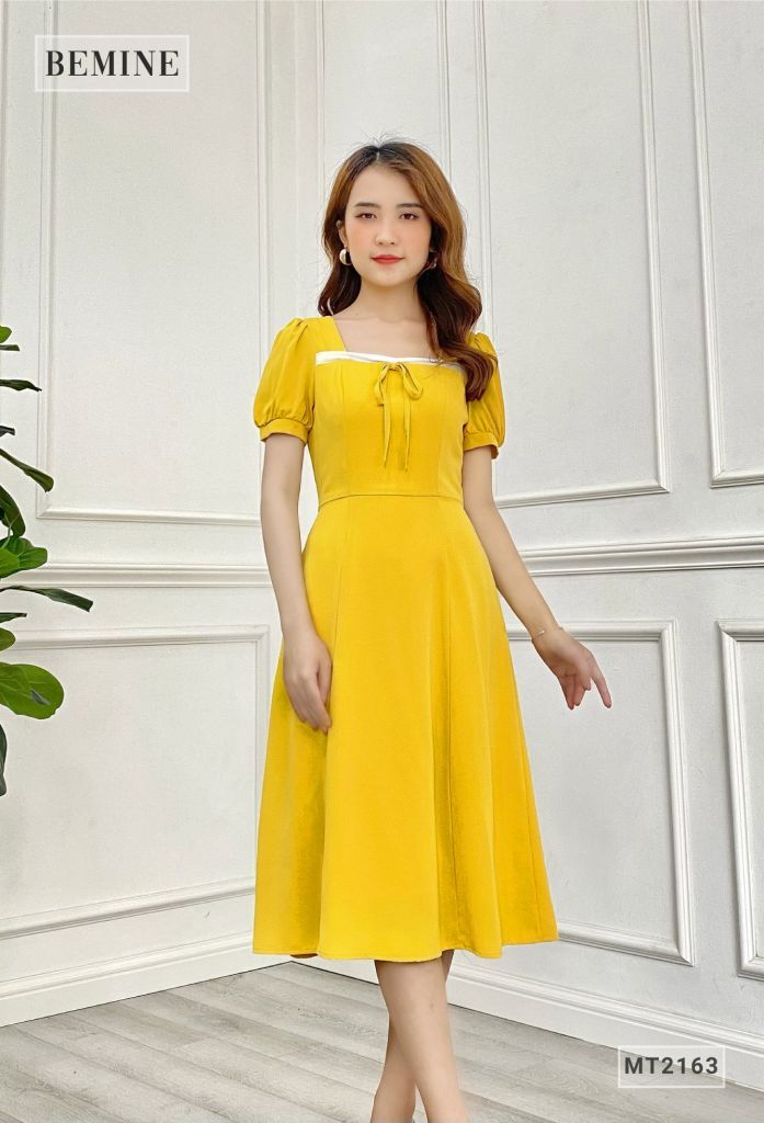 MT2163VANG - Đầm xòe phối cổ cột nơ