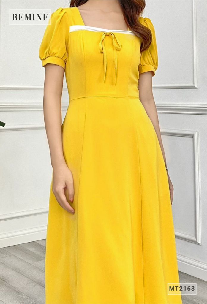 MT2163VANG - Đầm xòe phối cổ cột nơ
