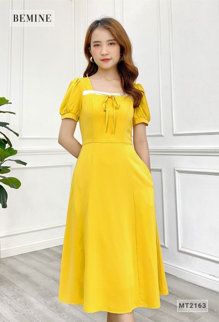 MT2163VANG - Đầm xòe phối cổ cột nơ
