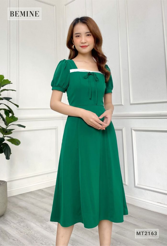 MT2163XANH - Đầm xòe phối cổ cột nơ