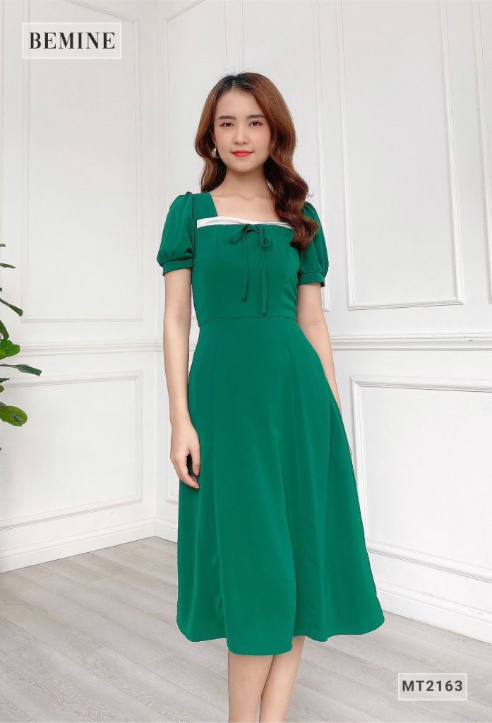 MT2163XANH - Đầm xòe phối cổ cột nơ