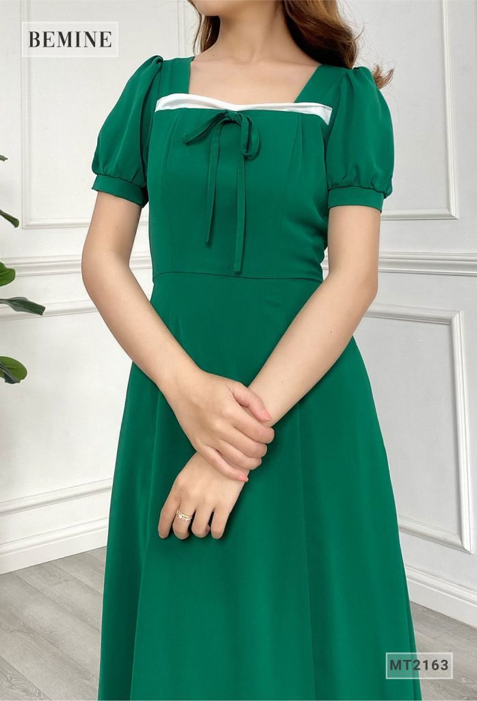 MT2163XANH - Đầm xòe phối cổ cột nơ