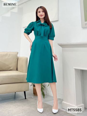 Đầm cổ sơ mi thắt nơ tay phồng - MT5585