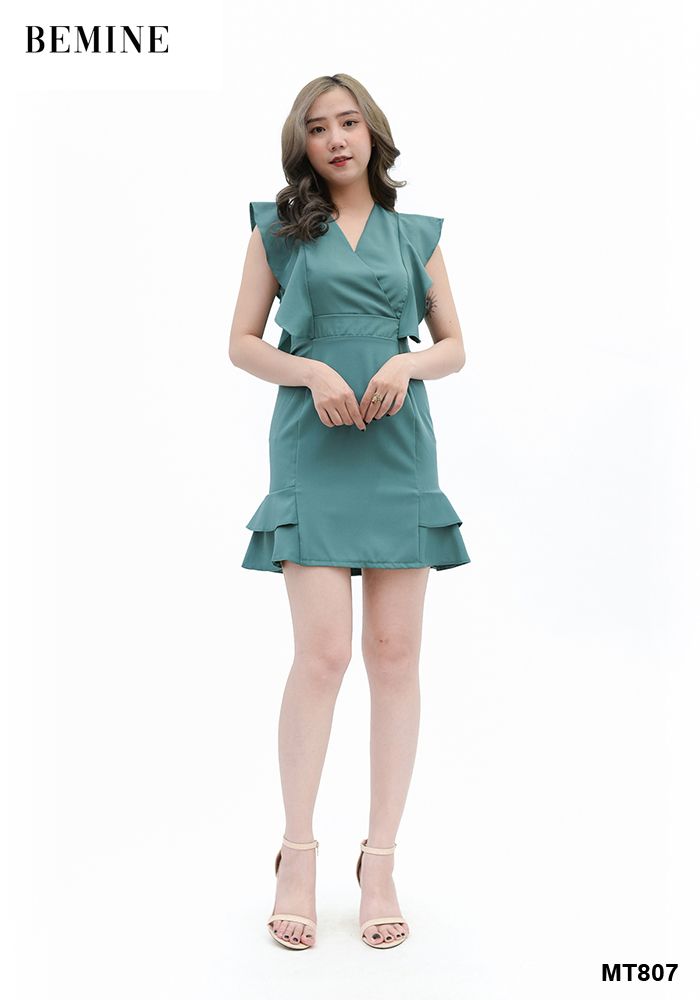 MT807XANH - Đầm xanh bèo ngực bèo lai