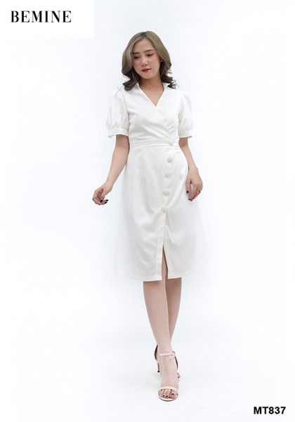 MT837 - Đầm trắng đính nút bọc lớn