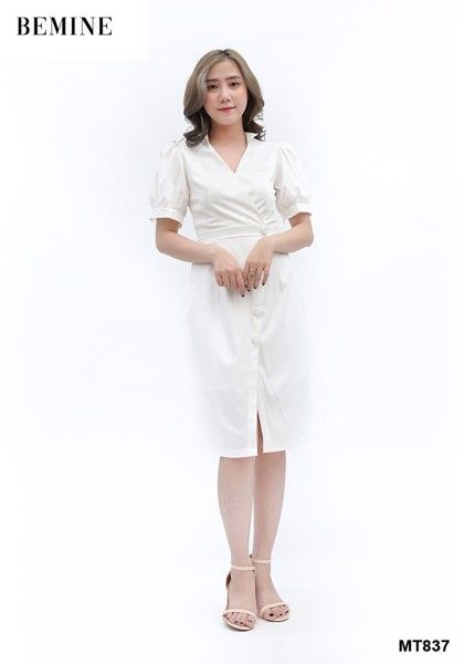 MT837 - Đầm trắng đính nút bọc lớn