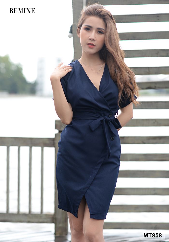 MT858XANH - Đầm đắp chéo ngực cột eo